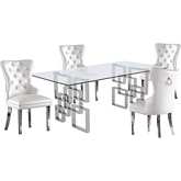 D221 5 Piece Dining Set in Glass, Silver Stainless Steel & White Leatherette
