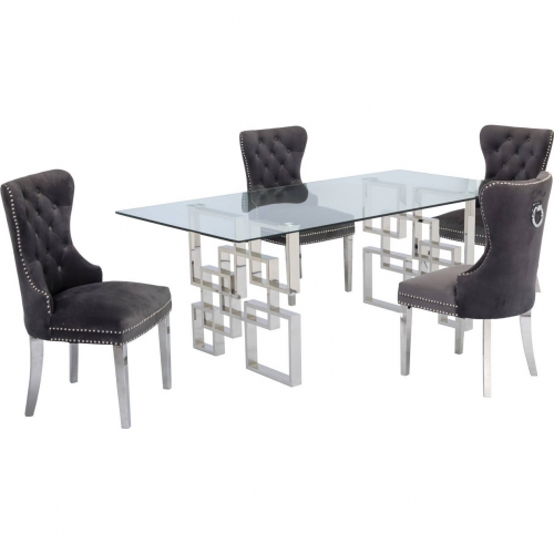 D221 5 Piece Dining Set in Glass, Silver Stainless Steel & Dark Gray Velvet Fabric