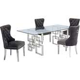 D221 5 Piece Dining Set in Glass, Silver Stainless Steel & Dark Gray Velvet Fabric