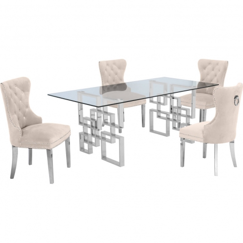 D221 5 Piece Dining Set in Glass, Silver Stainless Steel & Cream Velvet Fabric