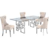 D221 5 Piece Dining Set in Glass, Silver Stainless Steel & Cream Velvet Fabric