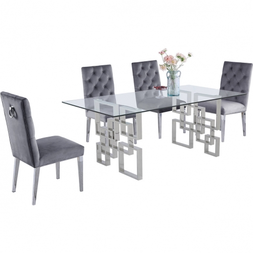 D221 5 Piece Dining Set in Glass, Silver Stainless Steel & Dark Gray Velvet Fabric