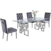 D221 5 Piece Dining Set in Glass, Silver Stainless Steel & Dark Gray Velvet Fabric