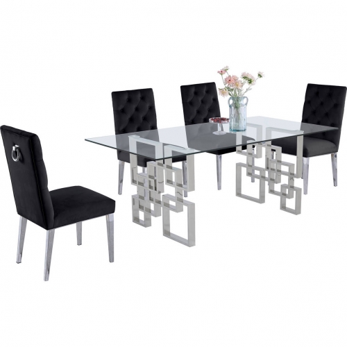 D221 5 Piece Dining Set in Glass, Silver Stainless Steel & Black Velvet Fabric
