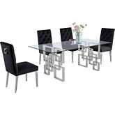 D221 5 Piece Dining Set in Glass, Silver Stainless Steel & Black Velvet Fabric