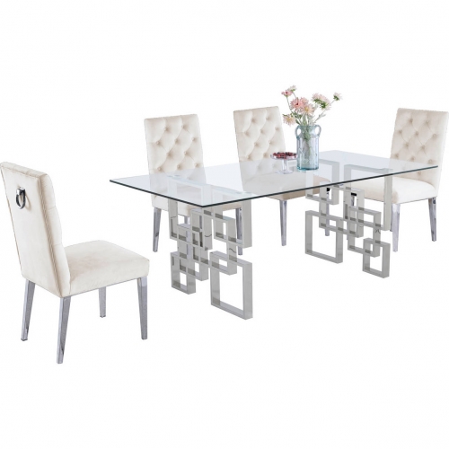 D221 5 Piece Dining Set in Glass, Silver Stainless Steel & Cream Velvet Fabric