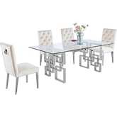 D221 5 Piece Dining Set in Glass, Silver Stainless Steel & Cream Velvet Fabric