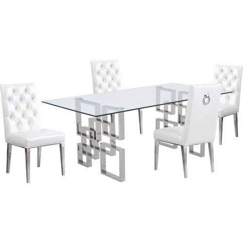 D221 5 Piece Dining Set in Glass, Silver Stainless Steel & White Leatherette