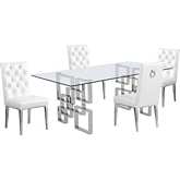 D221 5 Piece Dining Set in Glass, Silver Stainless Steel & White Leatherette