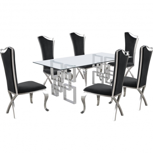 D221 7 Piece Dining Set in Glass, Silver Stainless Steel & Black Velvet