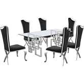 D221 7 Piece Dining Set in Glass, Silver Stainless Steel & Black Velvet