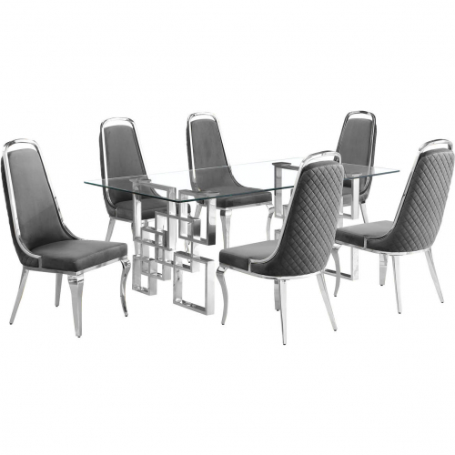 D221 7 Piece Dining Set in Tempered Glass, Stainless Steel & Dark Gray Velvet