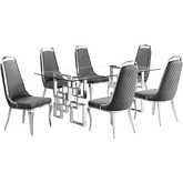 D221 7 Piece Dining Set in Tempered Glass, Stainless Steel & Dark Gray Velvet
