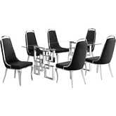 D221 7 Piece Dining Set in Tempered Glass, Stainless Steel & Black Velvet