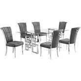 D221 7 Piece Dining Set in Tempered Glass, Stainless Steel & Dark Gray Velvet