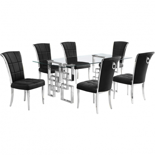 D221 7 Piece Dining Set in Tempered Glass, Polished Stainless Steel & Black Velvet