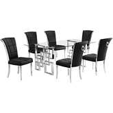 D221 7 Piece Dining Set in Tempered Glass, Polished Stainless Steel & Black Velvet