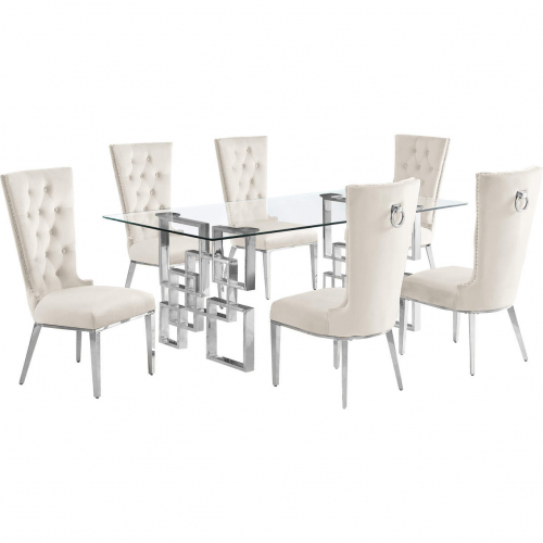 D221 7 Piece Dining Set in Tempered Glass, Polished Stainless Steel & Cream Velvet