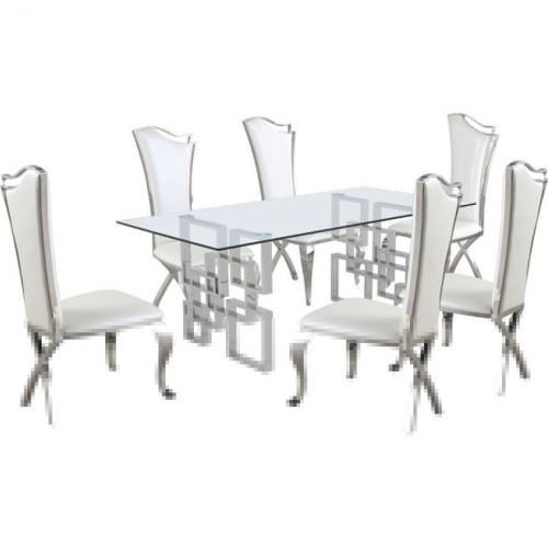 D221 7 Piece Dining Set in Glass, Silver Stainless Steel & White Leatherette