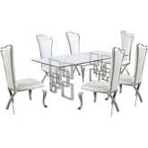 D221 7 Piece Dining Set in Glass, Silver Stainless Steel & White Leatherette