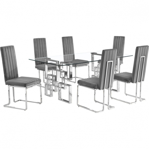 D221 7 Piece Dining Set in Tempered Glass, Stainless Steel & Dark Gray Velvet