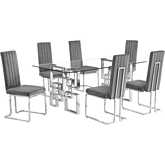 D221 7 Piece Dining Set in Tempered Glass, Stainless Steel & Dark Gray Velvet