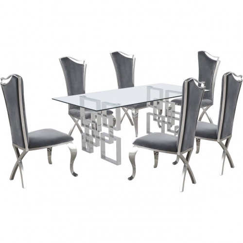 D221 7 Piece Dining Set in Glass, Silver Stainless Steel & Dark Gray Velvet