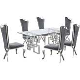 D221 7 Piece Dining Set in Glass, Silver Stainless Steel & Dark Gray Velvet