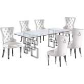 D221 7 Piece Dining Set in Glass, Silver Stainless Steel & White Leatherette