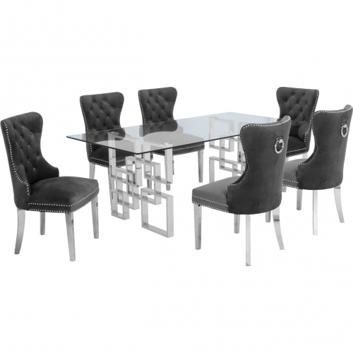 D221 7 Piece Dining Set in Glass, Silver Stainless Steel & Dark grey Velvet