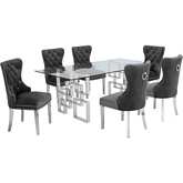 D221 7 Piece Dining Set in Glass, Silver Stainless Steel & Dark grey Velvet