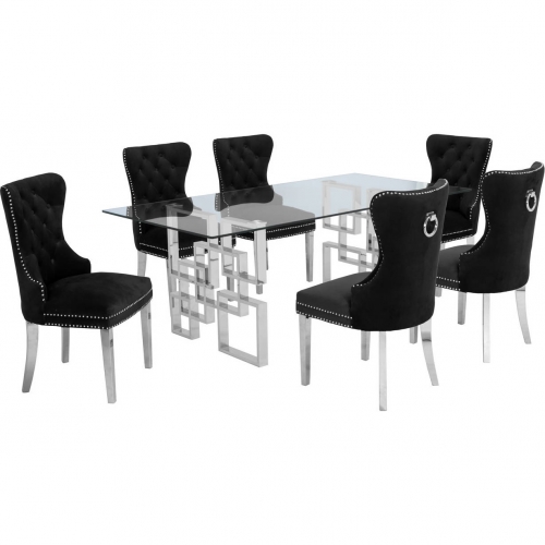 D221 7 Piece Dining Set in Glass, Silver Stainless Steel & Black Velvet