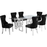 D221 7 Piece Dining Set in Glass, Silver Stainless Steel & Black Velvet