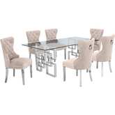 D221 7 Piece Dining Set in Glass, Silver Stainless Steel & Cream Velvet