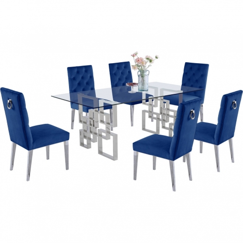D221 7 Piece Dining Set in Glass, Silver Stainless Steel & Navy Blue Velvet