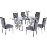 D221 7 Piece Dining Set in Glass, Silver Stainless Steel & Dark Grey Velvet
