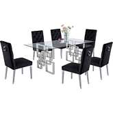 D221 7 Piece Dining Set in Glass, Silver Stainless Steel & Black Velvet