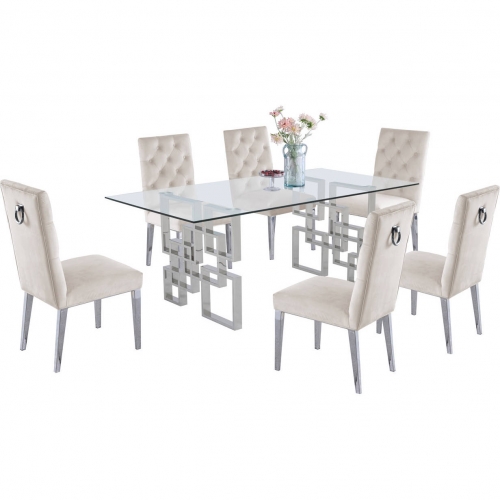 D221 7 Piece Dining Set in Glass, Silver Stainless Steel & Cream Velvet