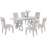 D221 7 Piece Dining Set in Glass, Silver Stainless Steel & Cream Velvet