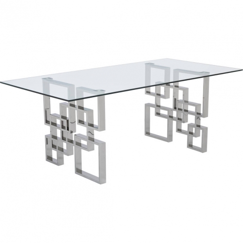 D221 Dining Table in Glass & Silver Geometric Stainless Steel Base