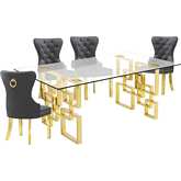 D222 5 Piece Dining Set in Glass, Gold Stainless Steel & Dark Gray Velvet