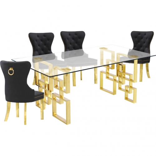 D222 5 Piece Dining Set in Glass, Gold Stainless Steel & Black Velvet