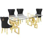 D222 5 Piece Dining Set in Glass, Gold Stainless Steel & Black Velvet