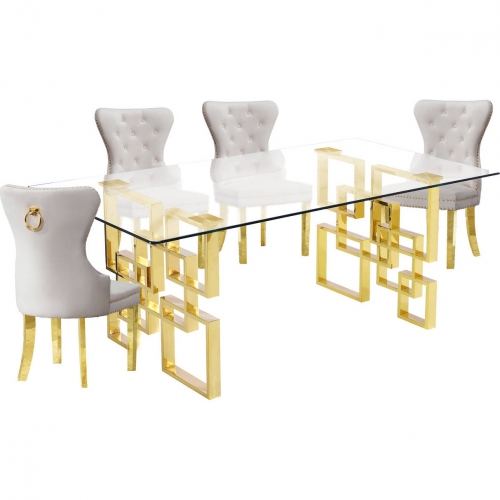 D222 5 Piece Dining Set in Glass, Gold Stainless Steel & Cream Velvet