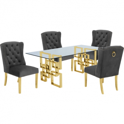 D222 5 Piece Dining Set in Glass, Gold Stainless Steel & Dark Gray Velvet