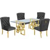 D222 5 Piece Dining Set in Glass, Gold Stainless Steel & Dark Gray Velvet