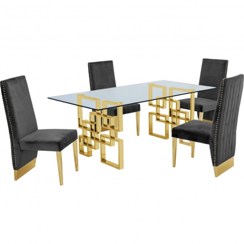D222 5 Piece Dining Set in Glass, Gold Stainless Steel & Dark Gray Velvet