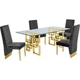 D222 5 Piece Dining Set in Glass, Gold Stainless Steel & Dark Gray Velvet