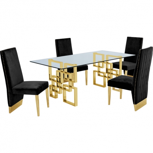 D222 5 Piece Dining Set in Glass, Gold Stainless Steel & Black Velvet
