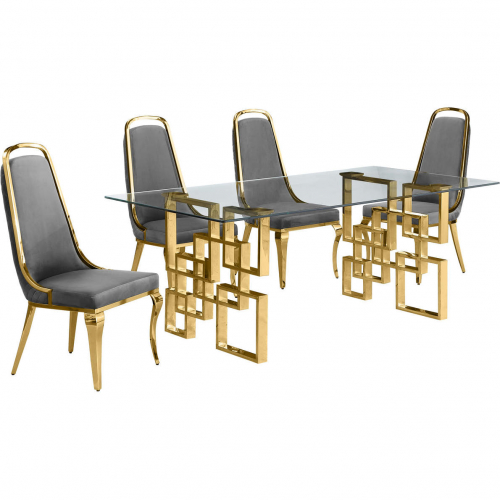 D222 Dining Set in Tempered Glass, Gold Stainless, Dark Gray Velvet & Gold Chrome